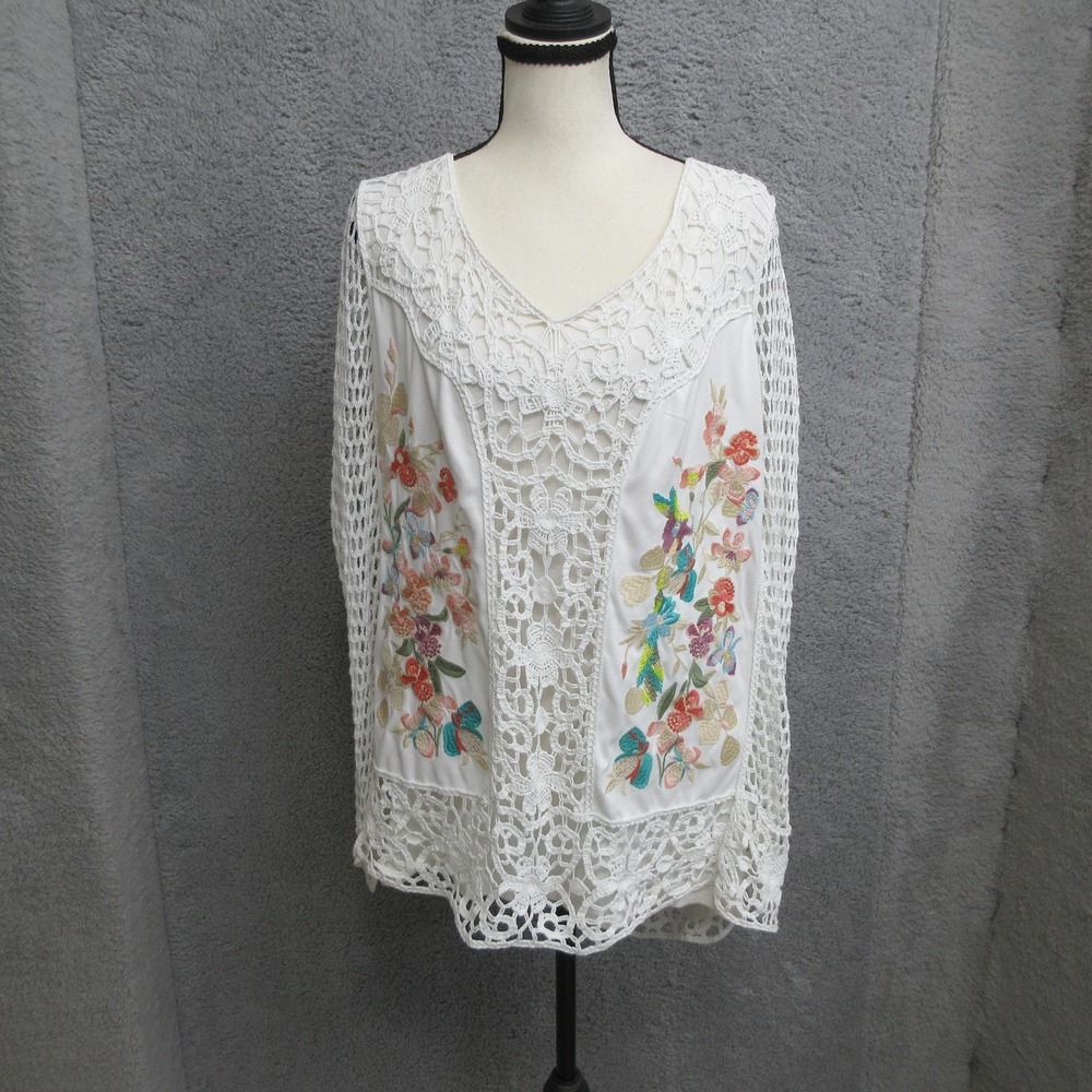 V Cristina Crochet Lace Embroidered Floral Top Womens XL Whte Boho Cottagecore